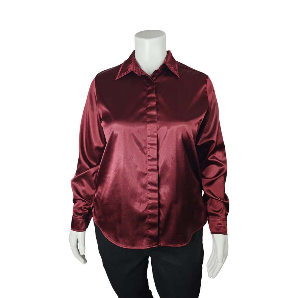 Gloria Vanderbilt Women's Burgundy Satin Button Down Long Sleeve Shirt XL